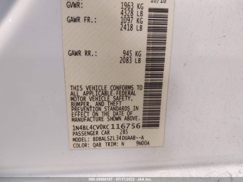 2019 NISSAN ALTIMA 2.5 SR - 1N4BL4CV0KC116756
