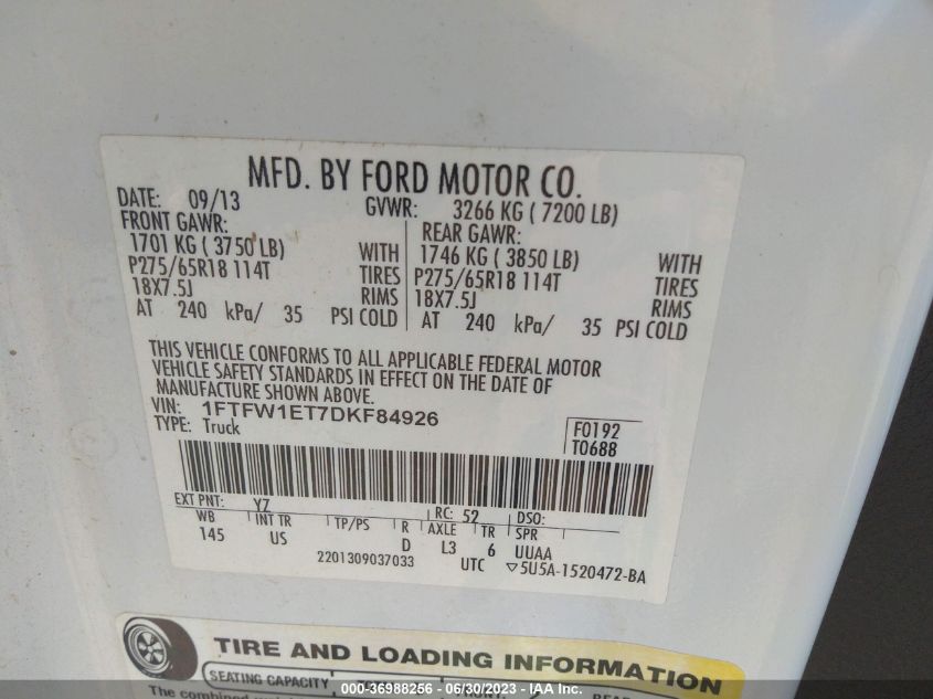 2013 FORD F-150 XL/XLT/FX4/LARIAT - 1FTFW1ET7DKF84926