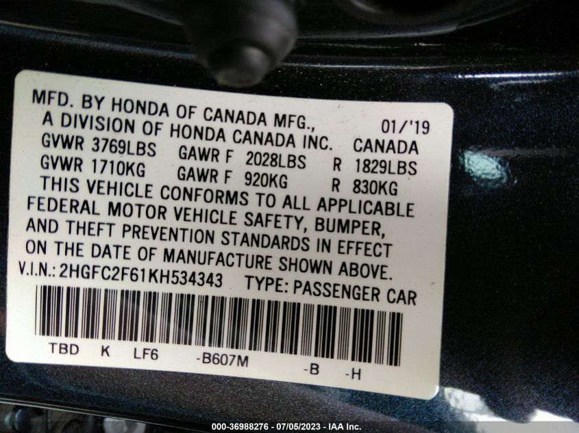 2019 HONDA CIVIC SEDAN LX - 2HGFC2F61KH534343