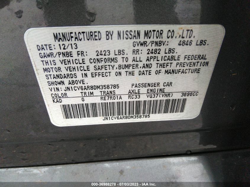 2013 INFINITI G37 SEDAN X JN1CV6AR8DM358785