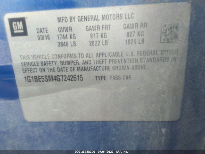 2016 CHEVROLET CRUZE LT - 1G1BE5SM4G7242615