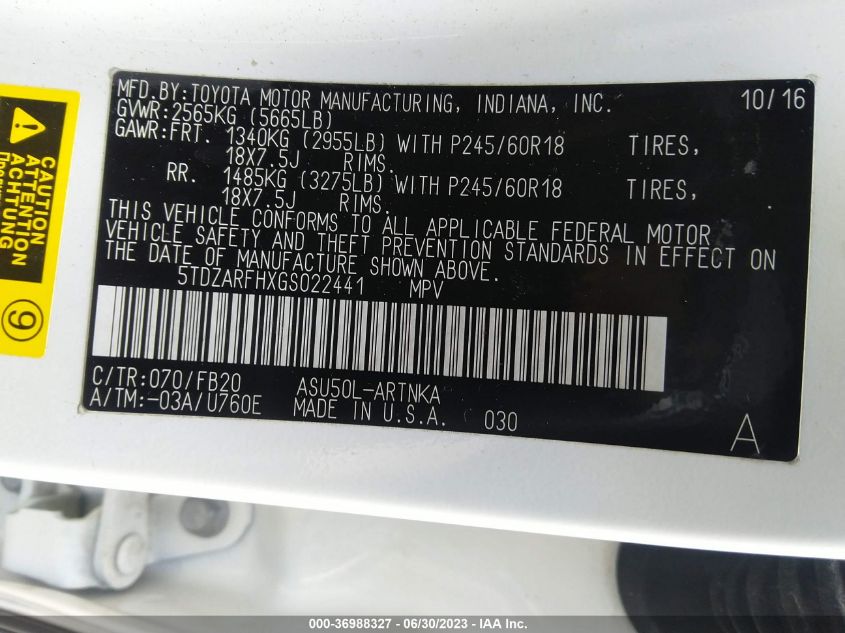 2016 TOYOTA HIGHLANDER LE - 5TDZARFHXGS022441