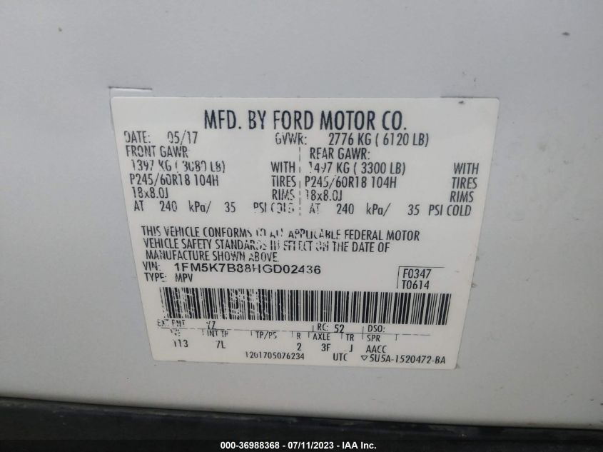 2017 FORD EXPLORER - 1FM5K7B88HGD02436
