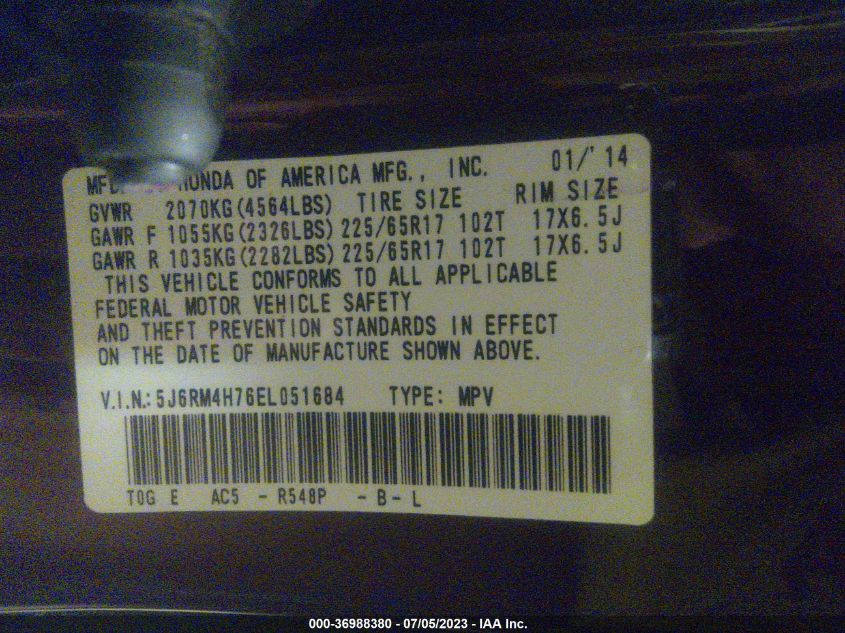 2014 HONDA CR-V EX-L - 5J6RM4H76EL051684