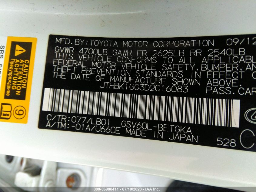 2013 LEXUS ES 350 4DR SDN - JTHBK1GG3D2016083