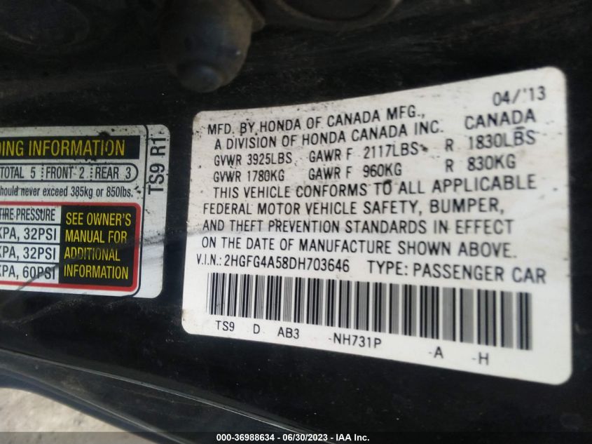 2013 HONDA CIVIC CPE SI - 2HGFG4A58DH703646