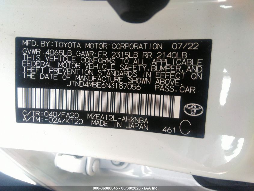 2022 TOYOTA COROLLA HATCHBACK SE/NIGHTSHADE/XSE JTND4MBE6N3187056