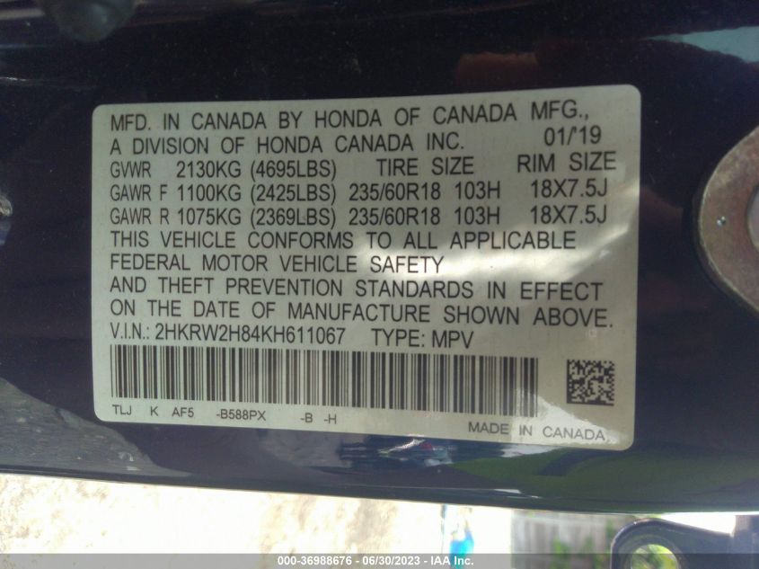 2019 HONDA CR-V EX-L - 2HKRW2H84KH611067