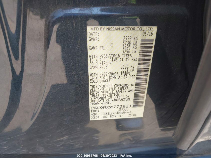 2016 NISSAN FRONTIER SV - 1N6AD0FRXGN772921