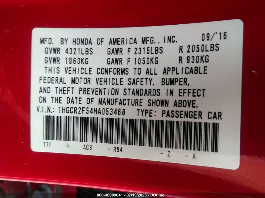 2017 HONDA ACCORD SEDAN SPORT - 1HGCR2F54HA053468