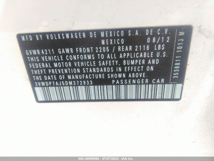 2013 VOLKSWAGEN JETTA SEDAN SE W/CONVENIENCE - 3VWDP7AJ5DM372933