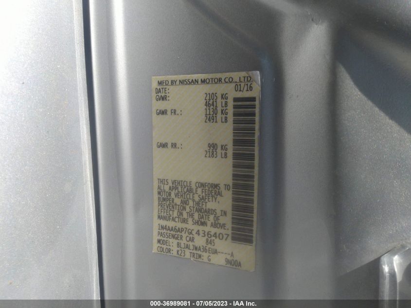 2016 NISSAN MAXIMA 3.5 SV - 1N4AA6AP7GC436407