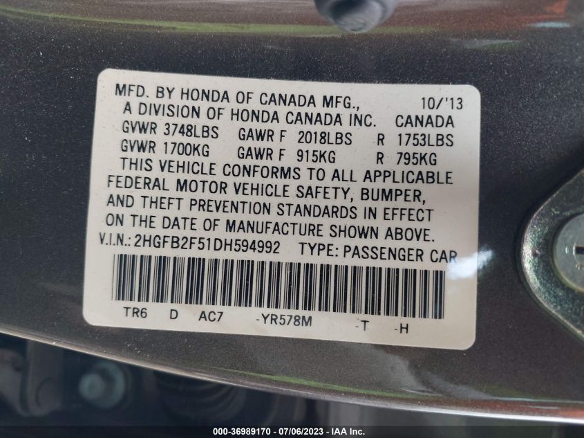 2013 HONDA CIVIC SDN LX - 2HGFB2F51DH594992