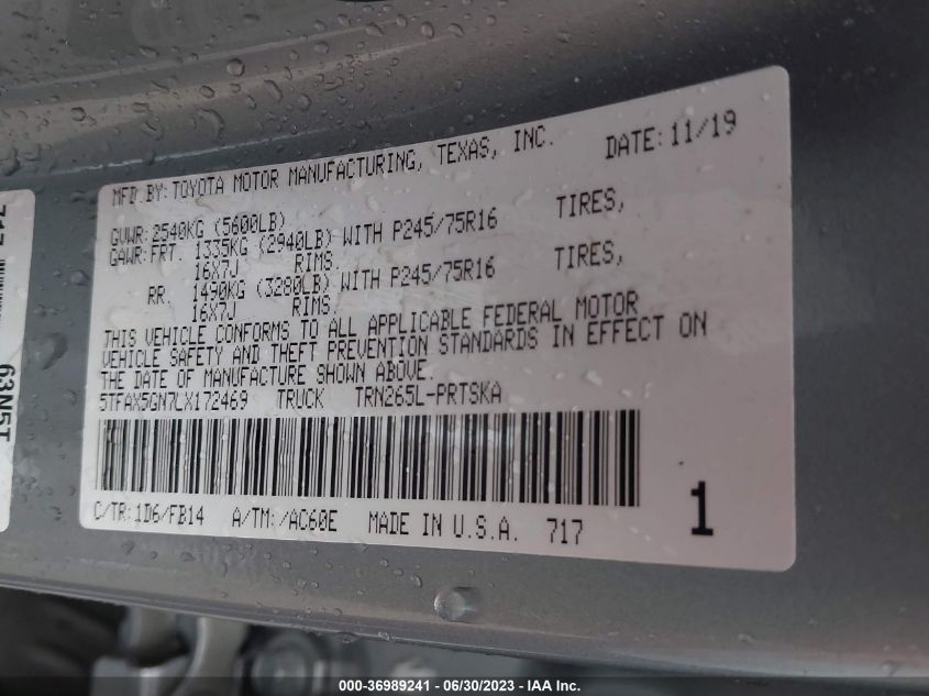 2020 TOYOTA TACOMA 2WD SR/SR5 - 5TFAX5GN7LX172469