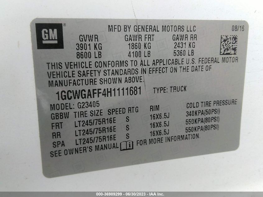 2017 CHEVROLET EXPRESS CARGO VAN - 1GCWGAFF4H1111681