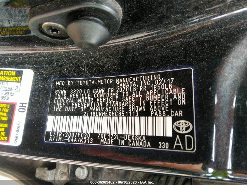 2017 TOYOTA COROLLA SE - 2T1BURHEXHC851113