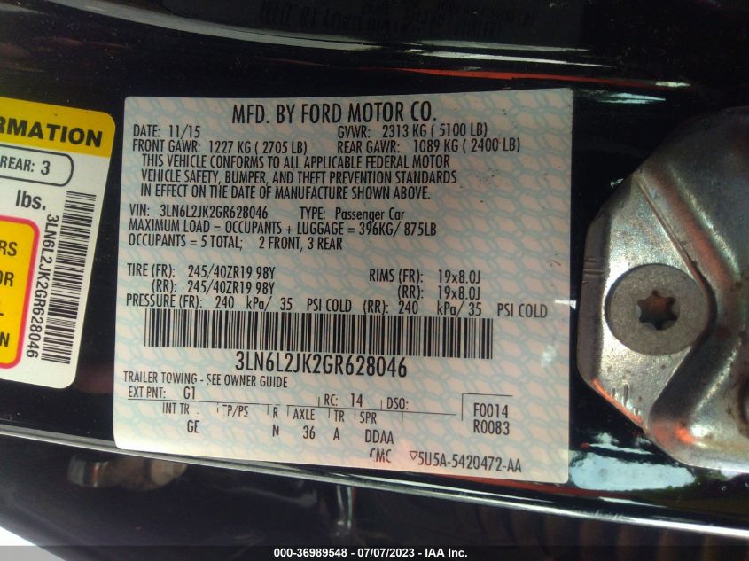 2016 LINCOLN MKZ - 3LN6L2JK2GR628046