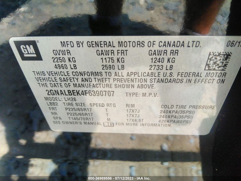 2015 CHEVROLET EQUINOX LT - 2GNALBEK4F6390707