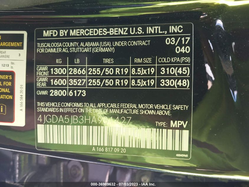 2017 MERCEDES-BENZ GLE GLE 350 4JGDA5JB3HA931427
