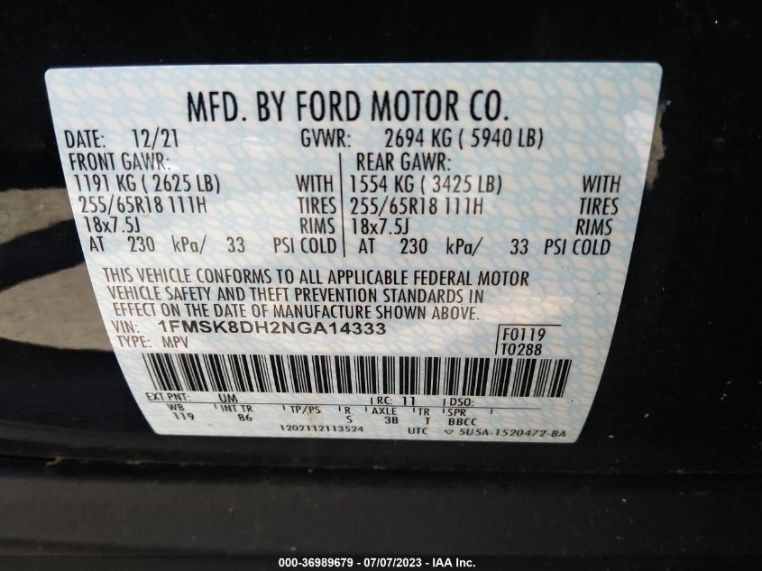 2022 FORD EXPLORER XLT - 1FMSK8DH2NGA14333