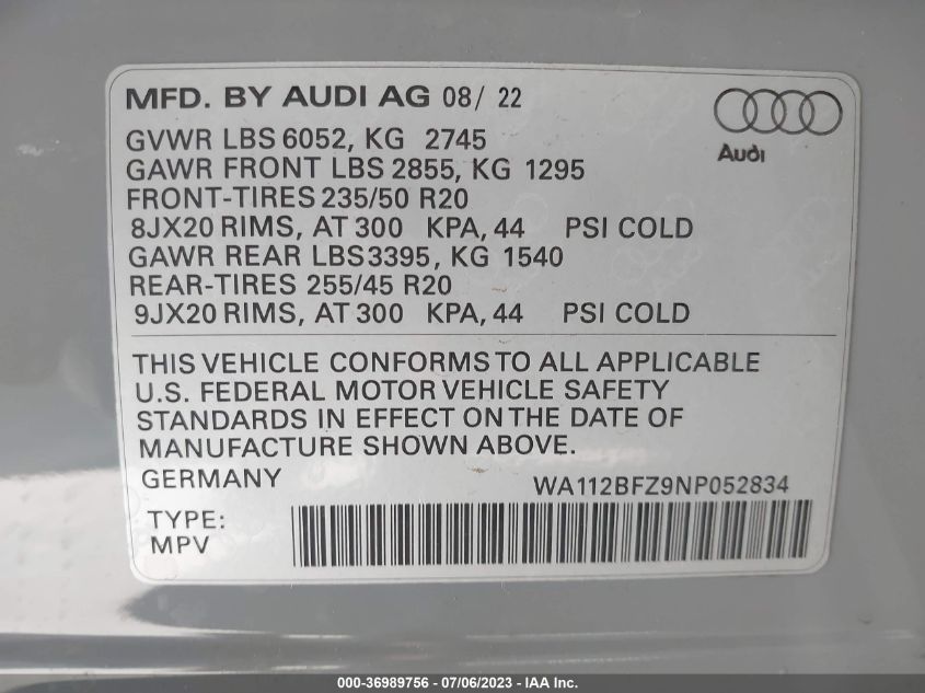 2022 AUDI Q4 E-TRON SPORTBACK PRESTIGE - WA112BFZ9NP052834