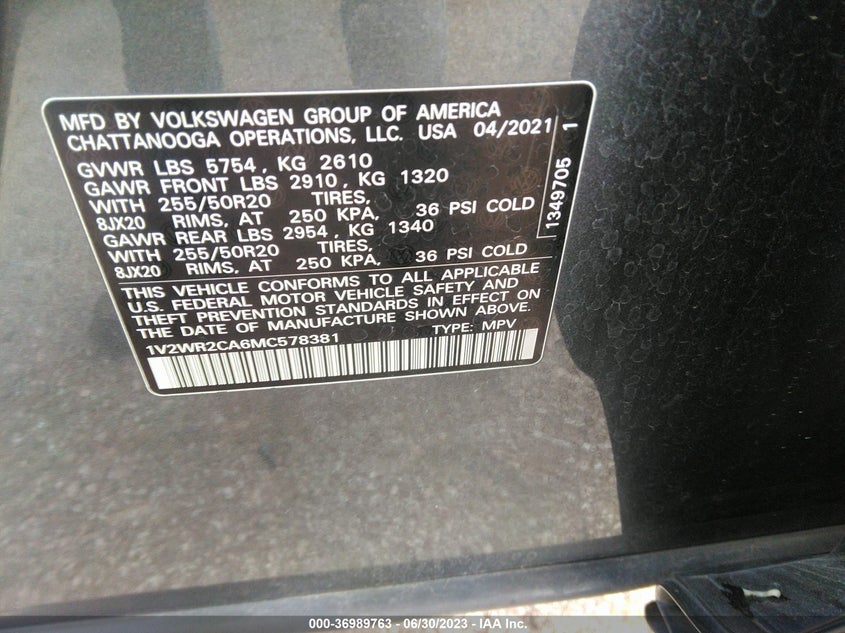 VIN 1V2WR2CA6MC578381 2021 VOLKSWAGEN ATLAS 3.6L V6 SE W/TECHNOLOGY