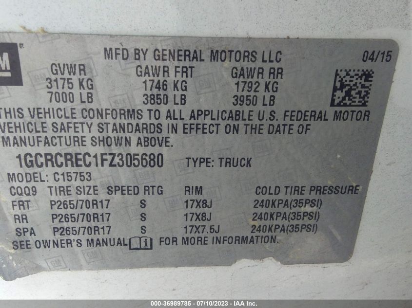 2015 CHEVROLET SILVERADO 1500 LT - 1GCRCREC1FZ305680