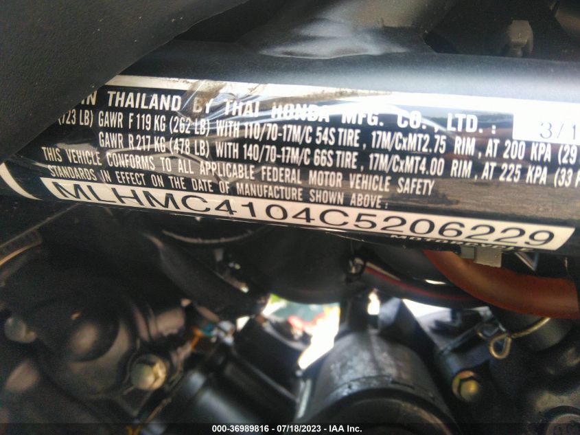 2012 HONDA CBR250 R MLHMC4104C5206229