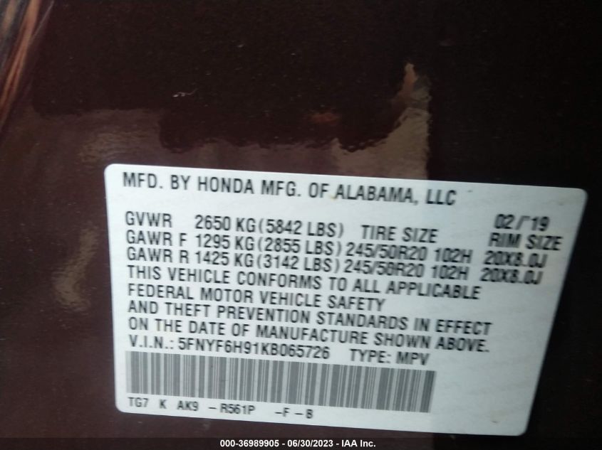 2019 HONDA PILOT TOURING 8-PASSENGER - 5FNYF6H91KB065726