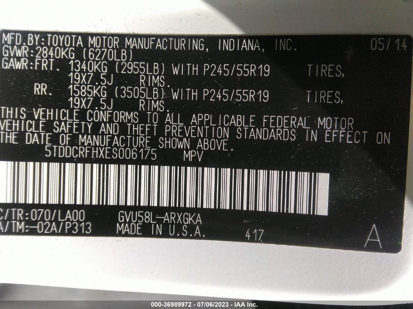 2014 TOYOTA HIGHLANDER HYBRID LIMITED - 5TDDCRFHXES006175