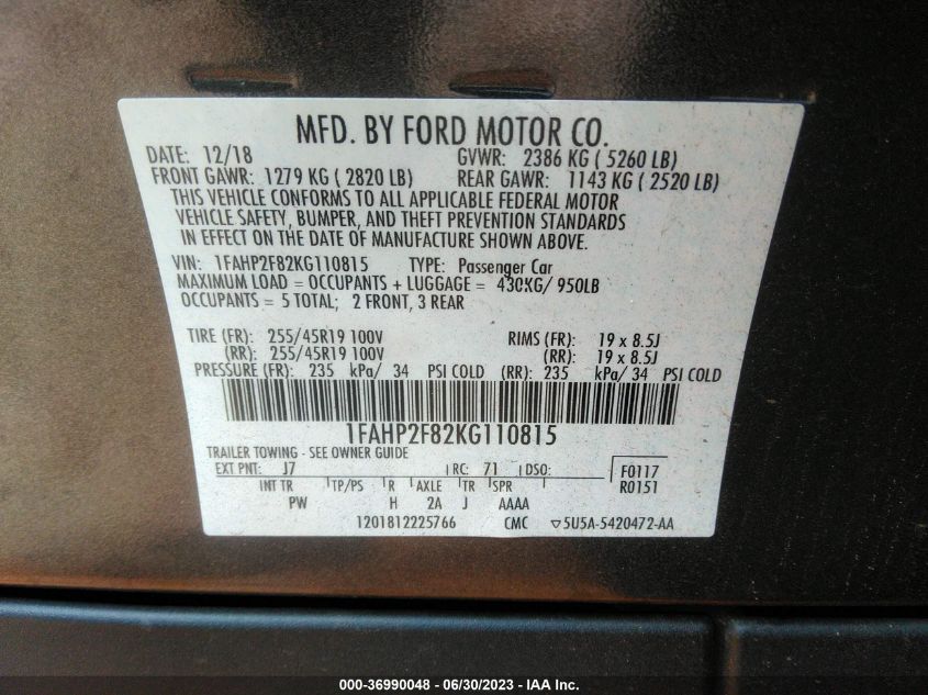 2019 FORD TAURUS LIMITED - 1FAHP2F82KG110815