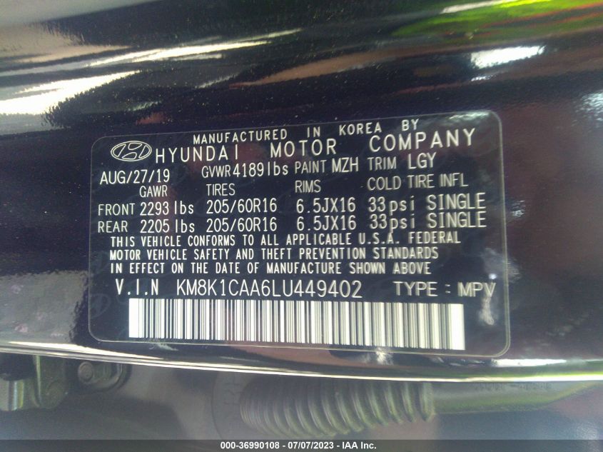 2020 HYUNDAI KONA SE - KM8K1CAA6LU449402