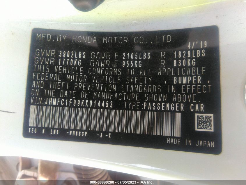 2019 HONDA CIVIC SEDAN TOURING - JHMFC1F99KX014453