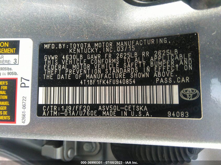 2015 TOYOTA CAMRY XLE/SE/LE/XSE - 4T1BF1FK4FU940854