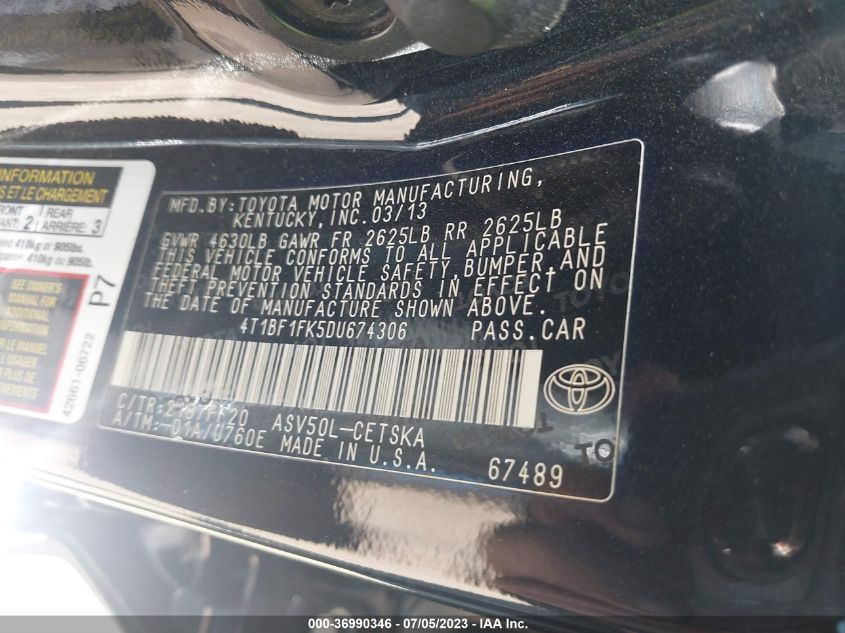 2013 TOYOTA CAMRY L/LE/SE/XLE - 4T1BF1FK5DU674306