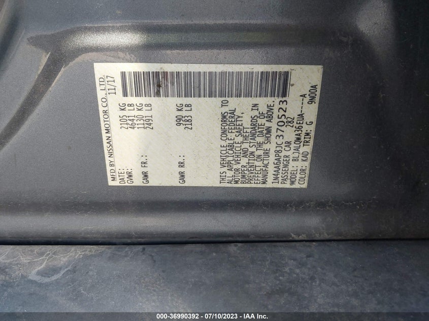 VIN 1N4AA6AP8JC370523 2018 NISSAN MAXIMA S