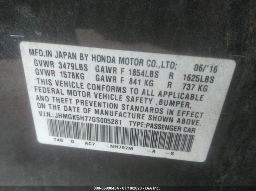 2016 HONDA FIT EX - JHMGK5H77GS005281