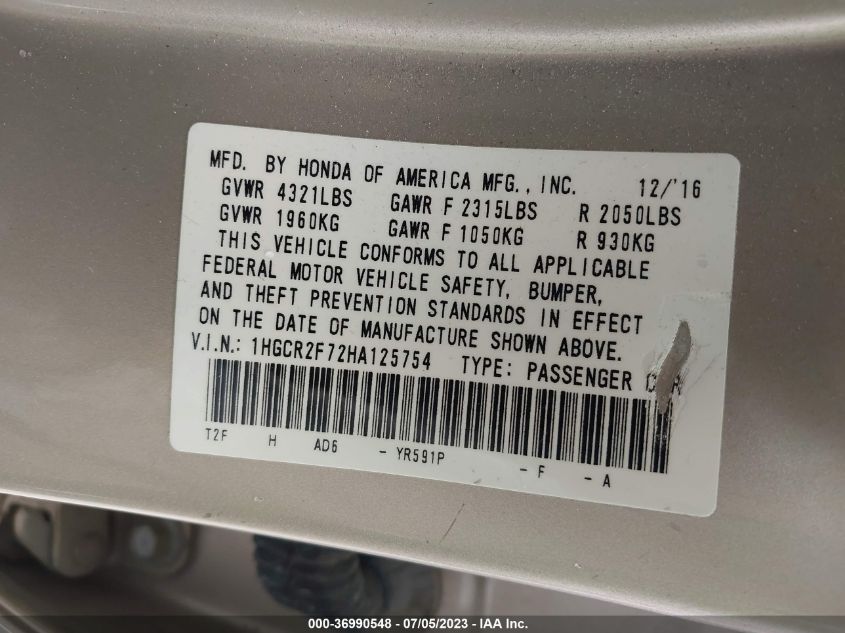 2017 HONDA ACCORD SEDAN EX - 1HGCR2F72HA125754
