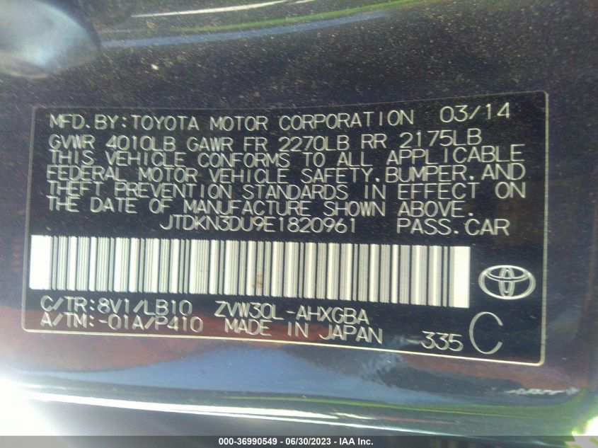 2014 TOYOTA PRIUS FOUR/FIVE/THREE/ONE/TWO - JTDKN3DU9E1820961
