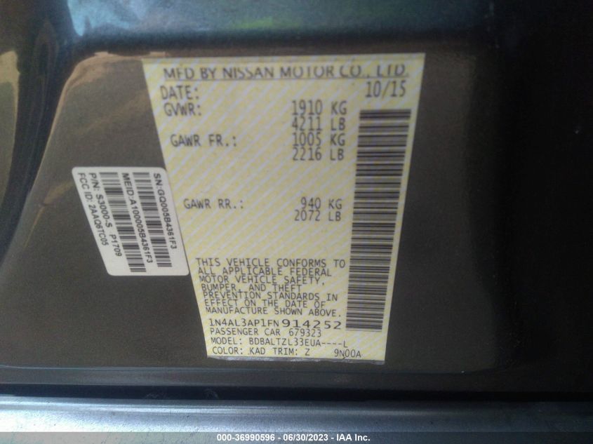 2015 NISSAN ALTIMA 2.5 SL - 1N4AL3AP1FN914252
