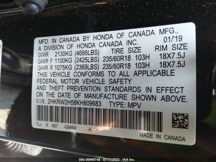 2019 HONDA CR-V EX - 2HKRW2H58KH609683