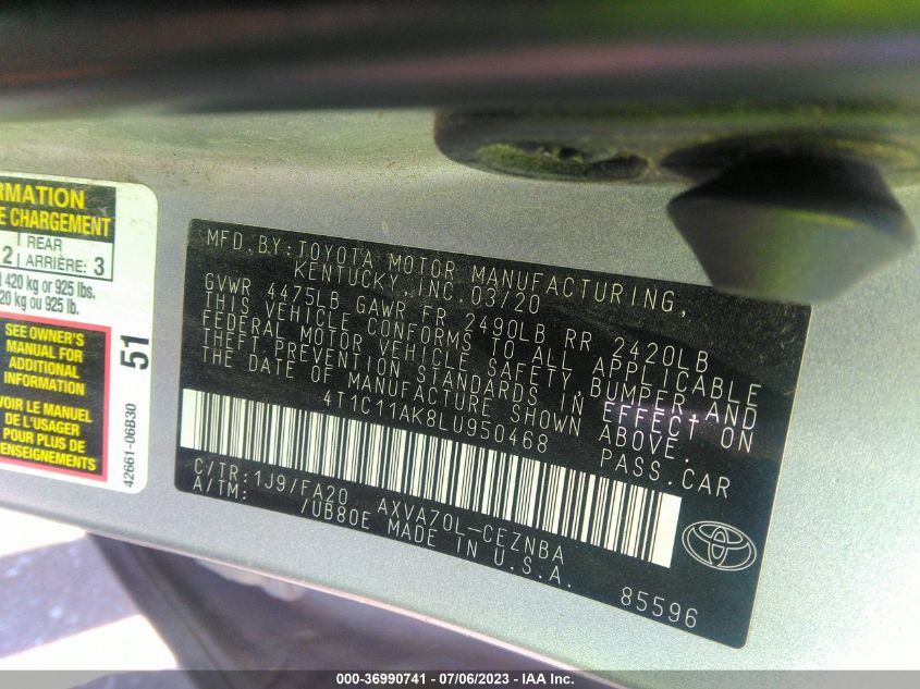 2020 TOYOTA CAMRY LE - 4T1C11AK8LU950468