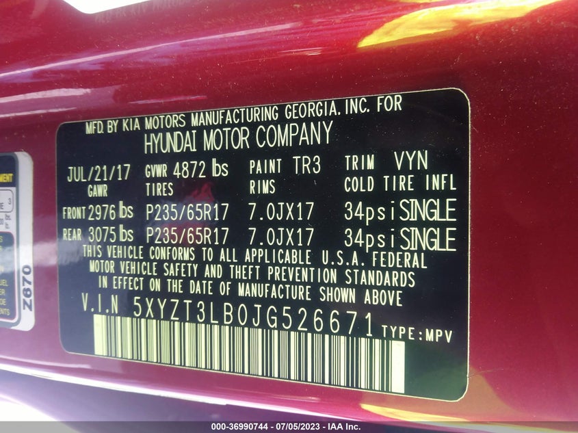 VIN 5XYZT3LB0JG526671 2018 HYUNDAI SANTA FE SPORT 2.4L