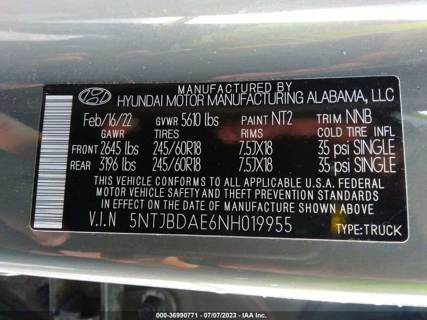 2022 HYUNDAI SANTA CRUZ SEL - 5NTJBDAE6NH019955