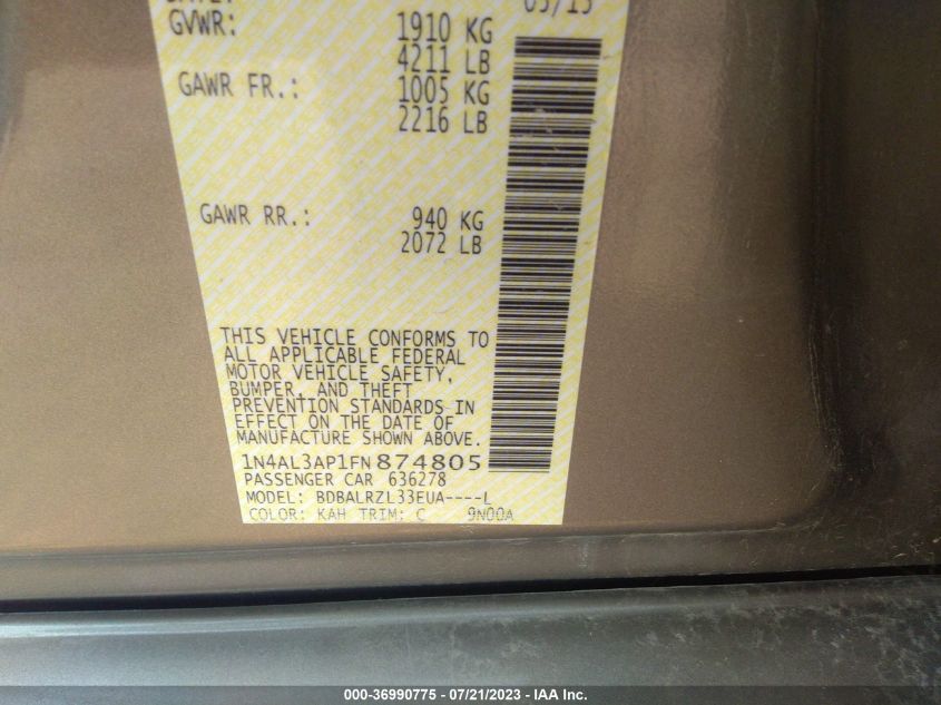 2015 NISSAN ALTIMA 2.5 SL - 1N4AL3AP1FN874805