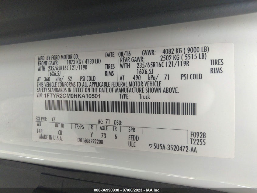 VIN 1FTYR2CM0HKA10501 2017 FORD TRANSIT VAN