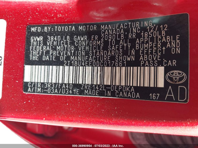 2013 TOYOTA COROLLA L/LE/S - 2T1BU4EE0DC017661