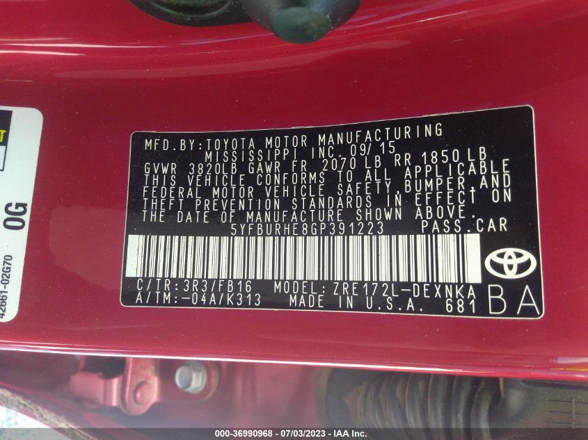 2016 TOYOTA COROLLA L/LE/S/S PLUS/LE PLUS - 5YFBURHE8GP391223