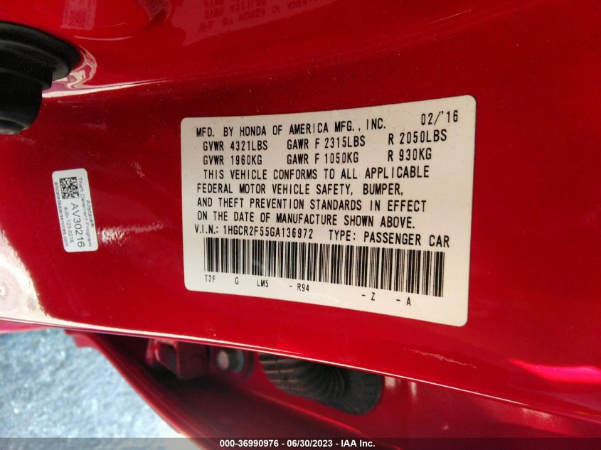 2016 HONDA ACCORD SEDAN SPORT - 1HGCR2F55GA136972