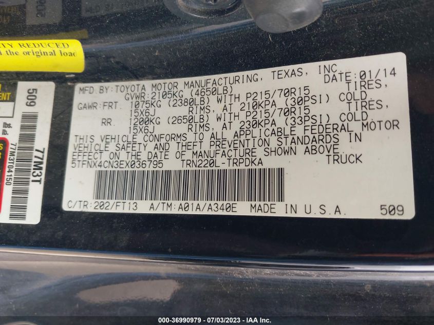 2014 TOYOTA TACOMA - 5TFNX4CN3EX036795